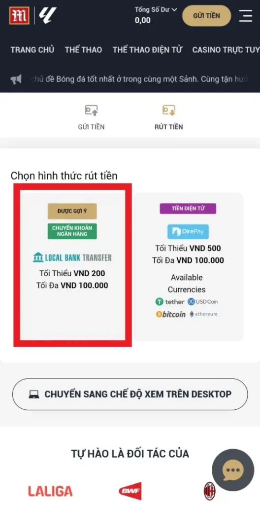 Chọn rút tiền M88 ngân hàng